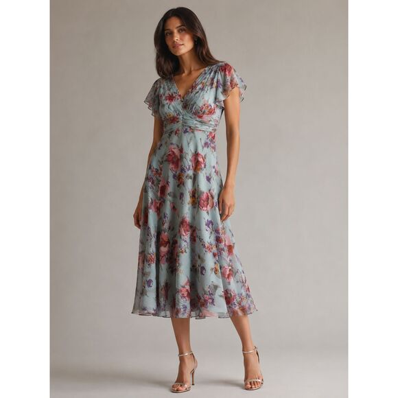 Adrianna Papell Dresses & Skirts - Adrianna Papell 100% Silk Floral Midi Dress Blue Flutter Sleeve Women's 8